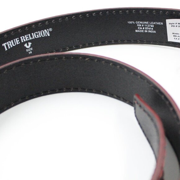 TRUE RELIGION Red Big T Leather Red Stitch Silver Buckle Black Belt - Size 38 - Picture 5 of 5